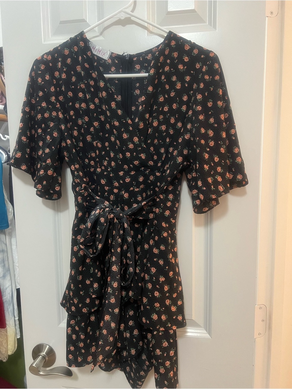 Floral Wrap Mini Dress - Black with Pink Rose Print